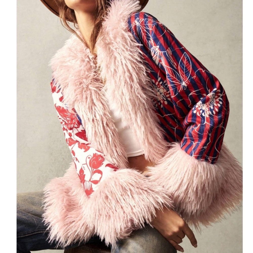 Boho Faux Fur Floral Print Long Sleeve Jacket Coat - Picture 3 of 9